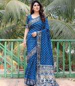 Blue dola silk c Woven border pallu designer with bandhej work saree