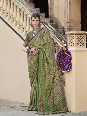 Green sigma silk blend ajrakh printed traditional print saree 1