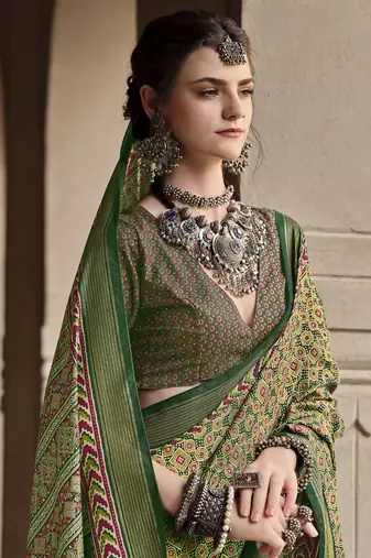 Green sigma silk blend ajrakh printed traditional print saree