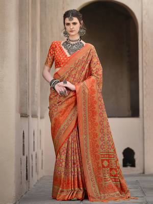 Orange sigma silk blend ajrakh printed traditional print saree 1