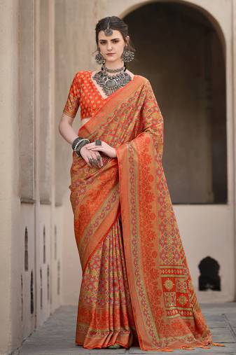 Orange sigma silk designer ajrakh printed traditional print saree