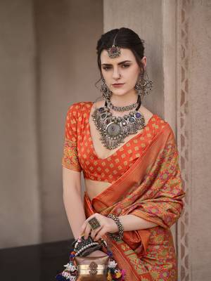 Orange sigma silk blend ajrakh printed traditional print saree 2