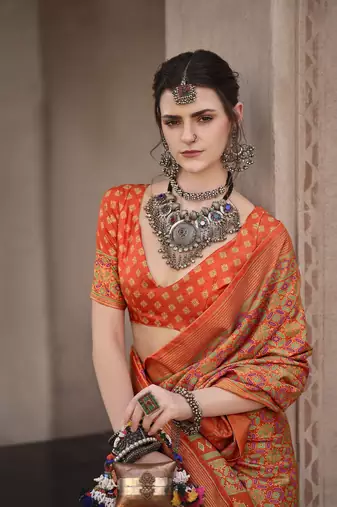 Orange sigma silk blend ajrakh printed traditional print saree