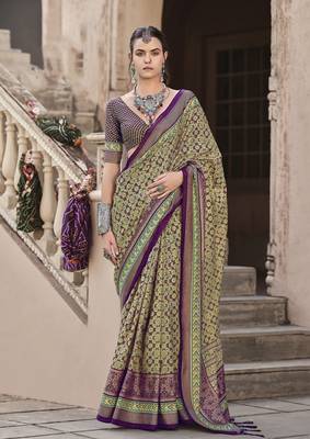 Purple sigma silk blend ajrakh printed traditional print saree 1