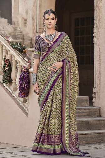 Purple sigma silk designer ajrakh printed traditional print saree