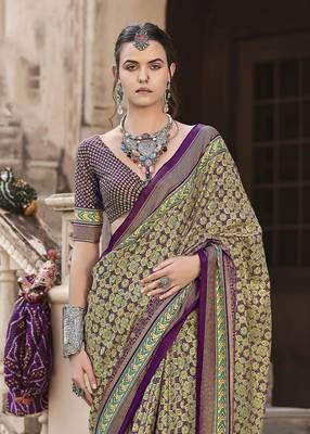 Purple sigma silk blend ajrakh printed traditional print saree 2