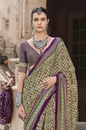 Purple sigma silk blend ajrakh printed traditional print saree