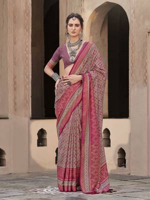 Pink sigma silk blend ajrakh printed traditional print saree 1