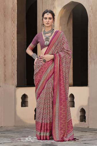 Pink sigma silk designer ajrakh printed traditional print saree
