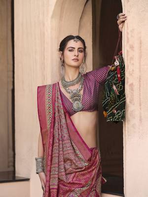 Pink sigma silk blend ajrakh printed traditional print saree 2