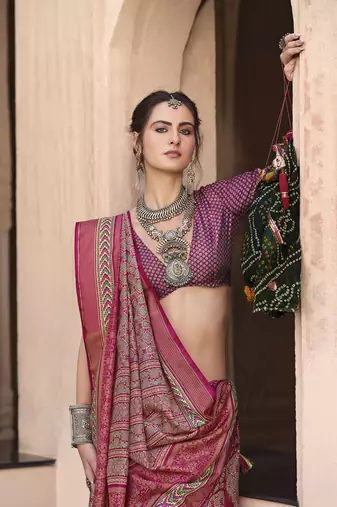 Pink sigma silk blend ajrakh printed traditional print saree