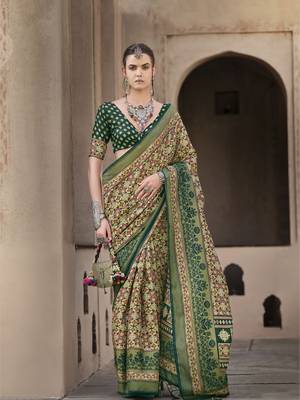 Green sigma silk blend ajrakh printed traditional print saree 1