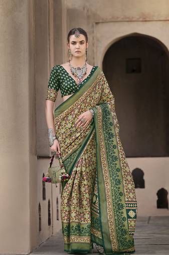 Green sigma silk designer ajrakh printed traditional print saree