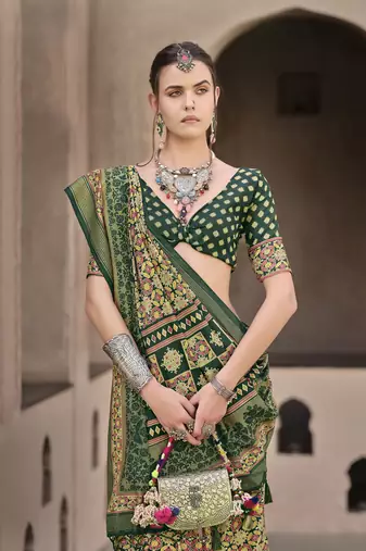 Green sigma silk blend ajrakh printed traditional print saree
