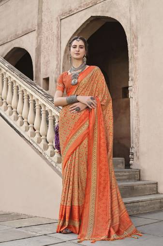Orange sigma silk designer ajrakh printed traditional print saree