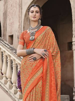 Orange sigma silk blend ajrakh printed traditional print saree 2