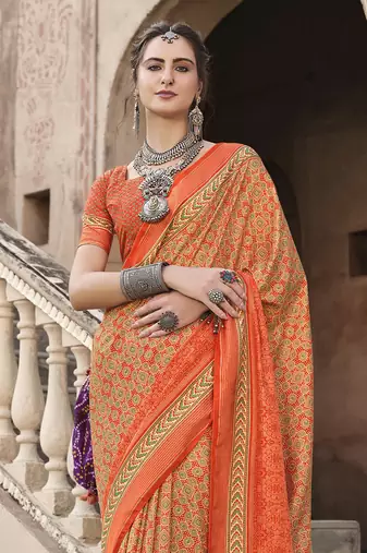 Orange sigma silk blend ajrakh printed traditional print saree