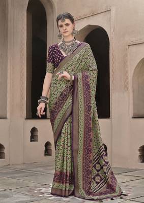 Green sigma silk blend ajrakh printed traditional print saree 1