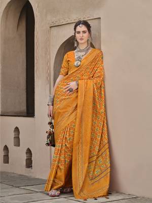 Yellow sigma silk blend ajrakh printed traditional print saree 1