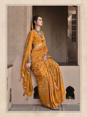 Yellow sigma silk blend ajrakh printed traditional print saree 2