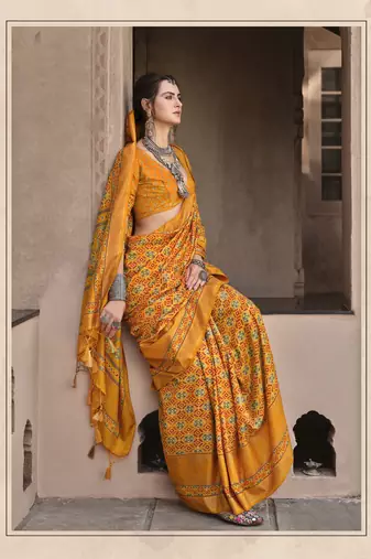Yellow sigma silk blend ajrakh printed traditional print saree