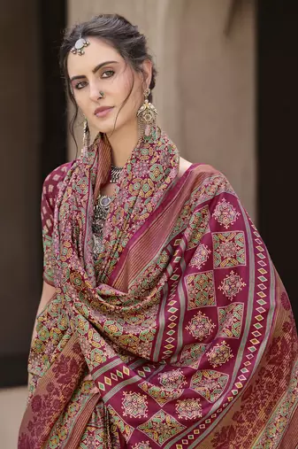 Pink sigma silk blend ajrakh printed traditional print saree