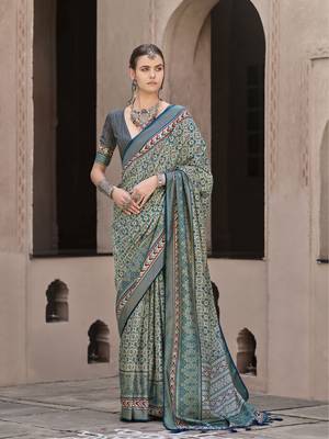 Teal sigma silk blend ajrakh printed traditional print saree 1