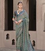 Teal sigma silk ajrakh printed traditional print saree