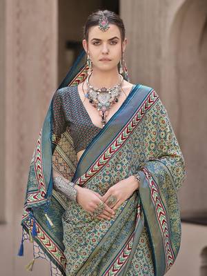 Teal sigma silk blend ajrakh printed traditional print saree 2