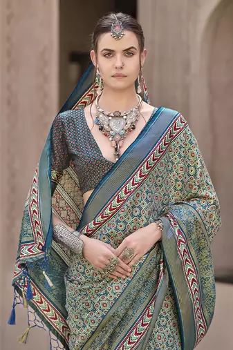 Teal sigma silk blend ajrakh printed traditional print saree