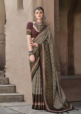 Green sigma silk designer ajrakh printed traditional print saree 1