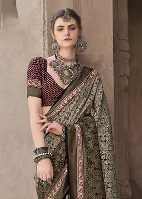Green sigma silk designer ajrakh printed traditional print saree 2