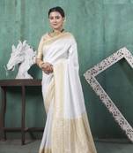 White Silk Blend Faux Kanjivarm Style Contrast Thread Zari Border Pallu Saree With Blouse