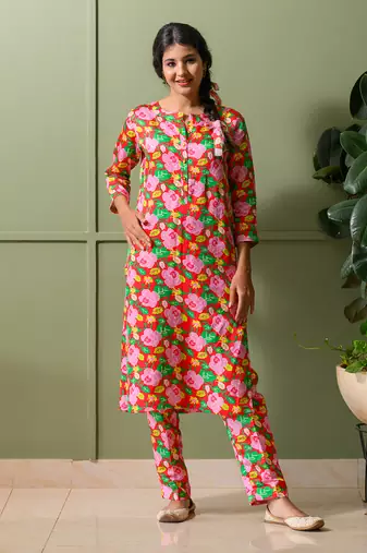 Green printed kurta set
