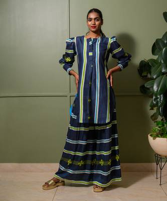 Blue chanderi print astron ray crew neck kurta palazzo pant set 1