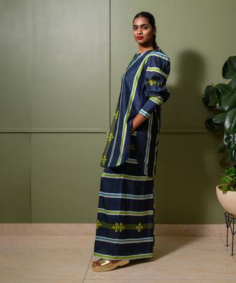 Blue chanderi print astron ray crew neck kurta palazzo pant set 2