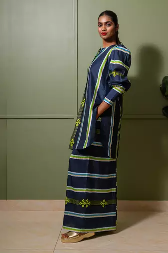 Blue chanderi print astron ray crew neck kurta palazzo pant set