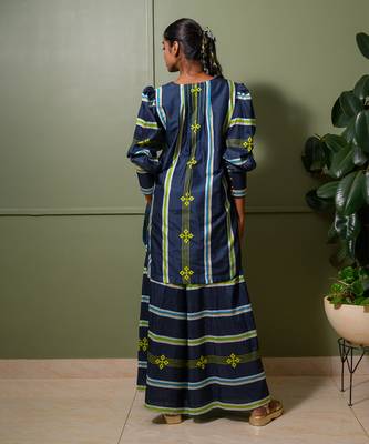 Blue chanderi print astron ray crew neck kurta palazzo pant set 3