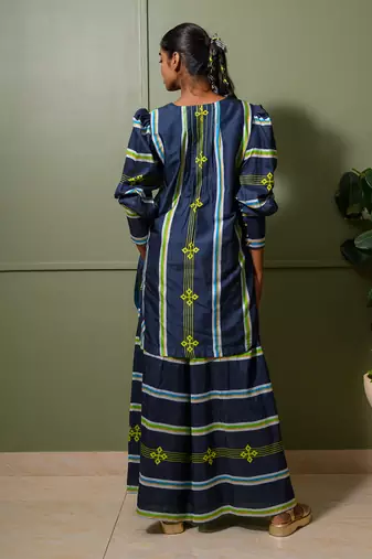 Blue chanderi print astron ray crew neck kurta palazzo pant set