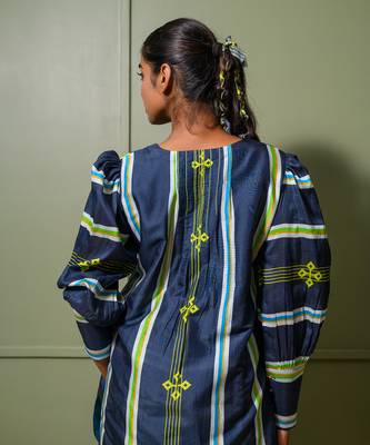 Blue chanderi print astron ray crew neck kurta palazzo pant set 4