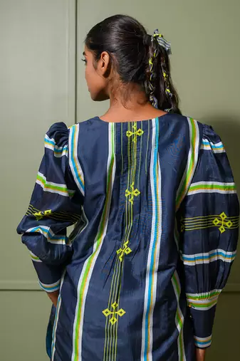 Blue chanderi print astron ray crew neck kurta palazzo pant set