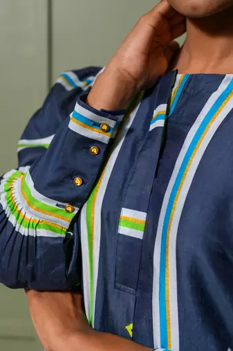 Blue chanderi print astron ray crew neck kurta palazzo pant set