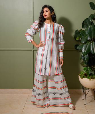 White chanderi print astron ray crew neck vibe kurta palazzo pant set 1
