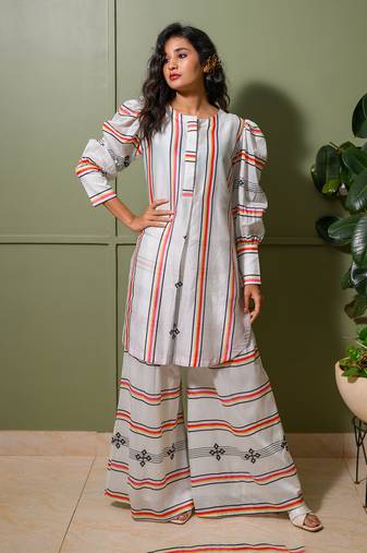 White chanderi print astron ray crew neck vibe kurta palazzo pant set