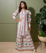 White chanderi print astron ray crew neck vibe kurta palazzo pant set