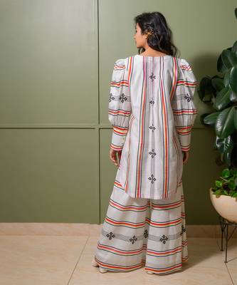 White chanderi print astron ray crew neck vibe kurta palazzo pant set 2