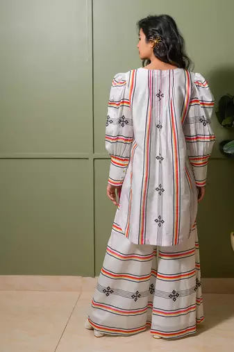 White chanderi print astron ray crew neck vibe kurta palazzo pant set