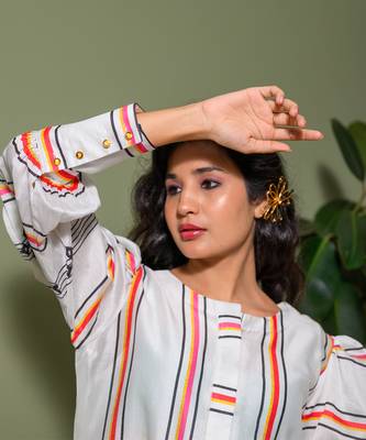 White chanderi print astron ray crew neck vibe kurta palazzo pant set 3