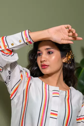 White chanderi print astron ray crew neck vibe kurta palazzo pant set