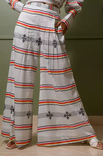 White chanderi print astron ray crew neck vibe kurta palazzo pant set